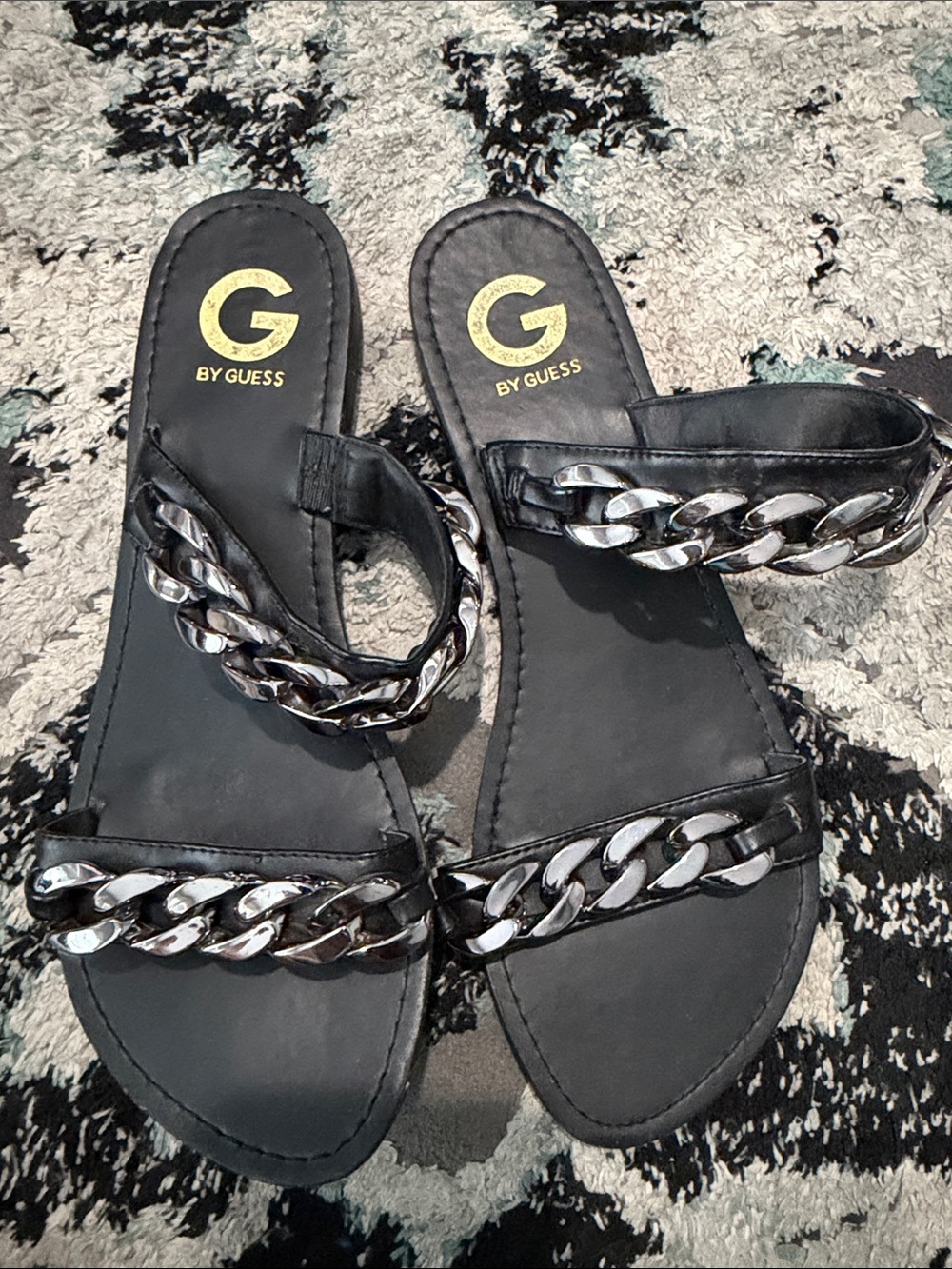 G by Guess Black Slide Sandals with Silver Chain Trim